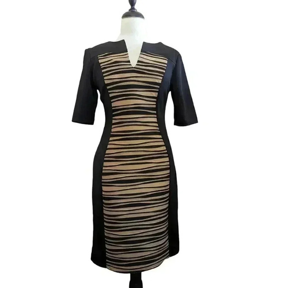Connected Apparel Black & Tan V-neck Dress Size 6 - Picture 1 of 8